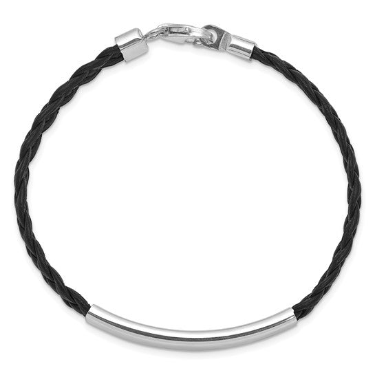 Engravable Sterling Silver Rhodium-plated Black Braided Leather Bracelet 7in