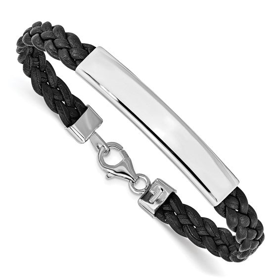 Engravable Sterling Silver Rhodium-plated Black Braided Leather Bracelet 7in