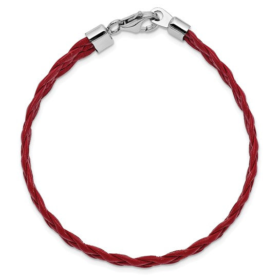 Sterling Silver Rhodium Plated Red Braided Leather 7 inch Bracelet