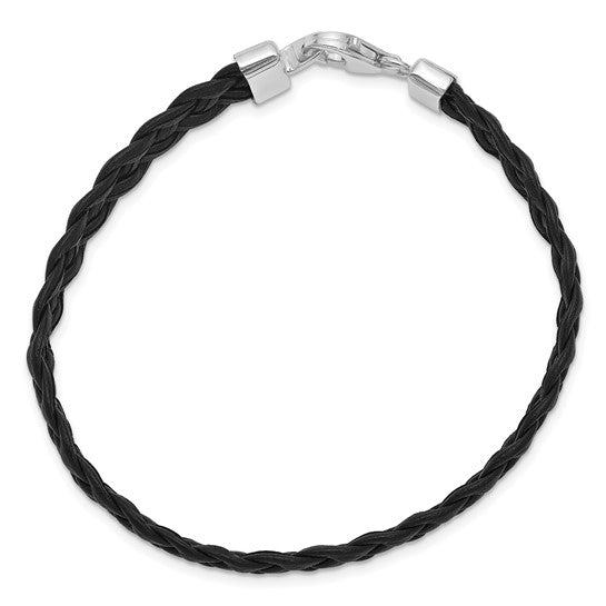 FYD - Sterling Silver Rhodium-plated Black Braided Leather Bracelet 7in