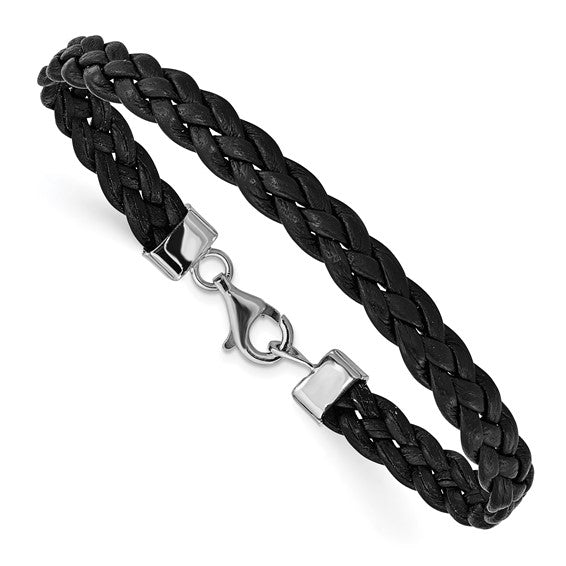 FYD - Sterling Silver Rhodium-plated Black Braided Leather Bracelet 7in