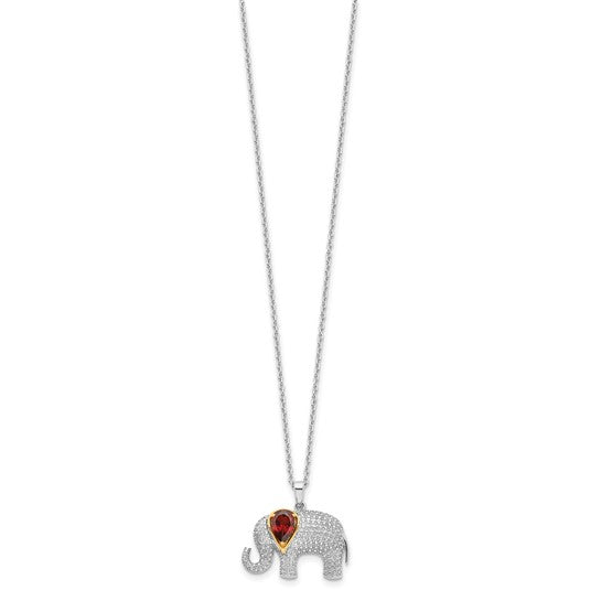 DS - Brilliant Gemstones Sterling Silver with 14K Accent Rhodium-plated Garnet and Diamond Elephant 18 Inch Necklace with 2 Inch Extender