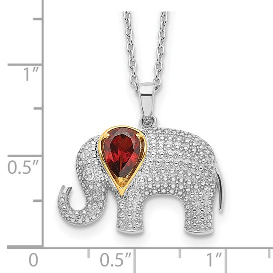 DS - Brilliant Gemstones Sterling Silver with 14K Accent Rhodium-plated Garnet and Diamond Elephant 18 Inch Necklace with 2 Inch Extender