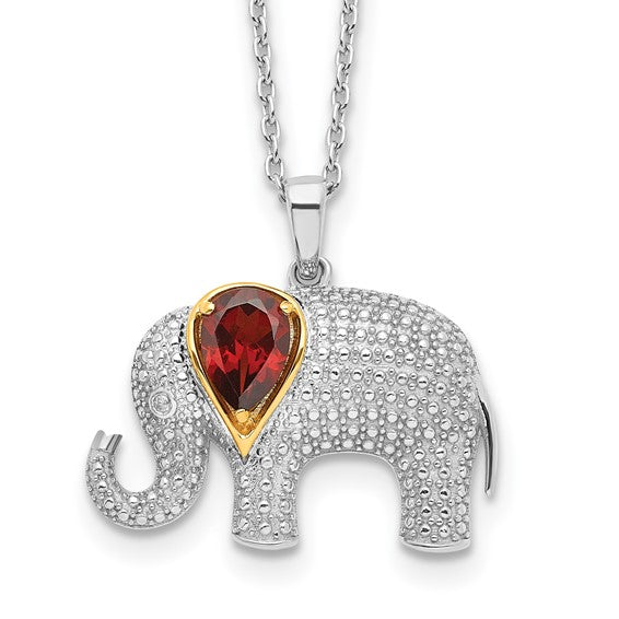 DS - Brilliant Gemstones Sterling Silver with 14K Accent Rhodium-plated Garnet and Diamond Elephant 18 Inch Necklace with 2 Inch Extender