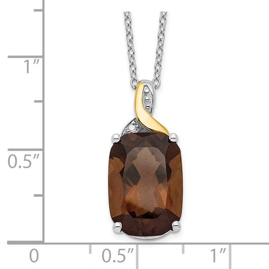 FYD - Sterling Silver with 14K Accent Rhodium-plated Smoky Quartz and Diamond 18 Inch Necklace with 2 Inch Extender