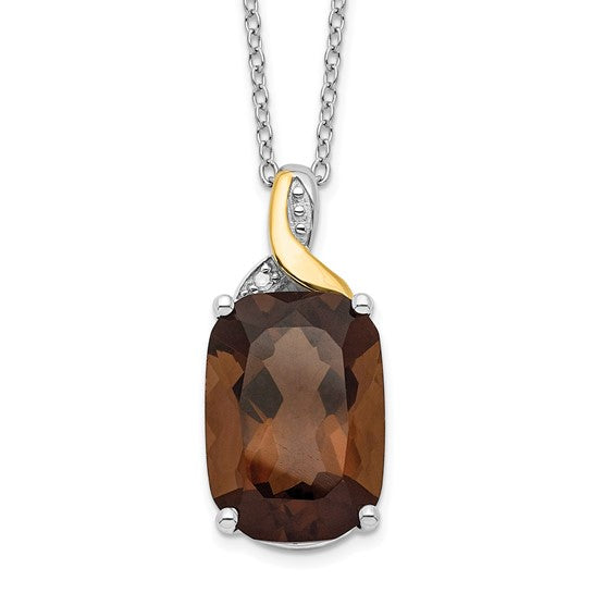 FYD - Sterling Silver with 14K Accent Rhodium-plated Smoky Quartz and Diamond 18 Inch Necklace with 2 Inch Extender