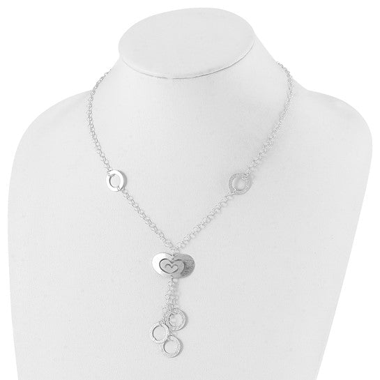 Sterling Silver Polished and Brushed Heart and Circle Drop Necklace 18in