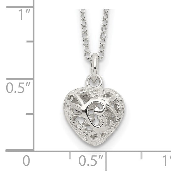 Sterling Silver Polished Puffed Filigree Heart Pendant 18-20in chain w/ magnetic clasp