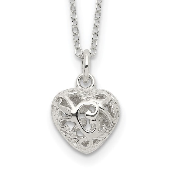 Sterling Silver Polished Puffed Filigree Heart Pendant 18-20in chain w/ magnetic clasp