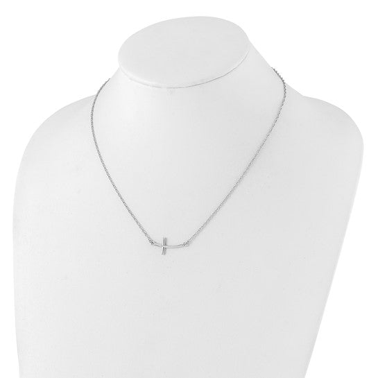 Sterling Silver Rhodium-plated Large Sideways Curved Cross Necklace 18in