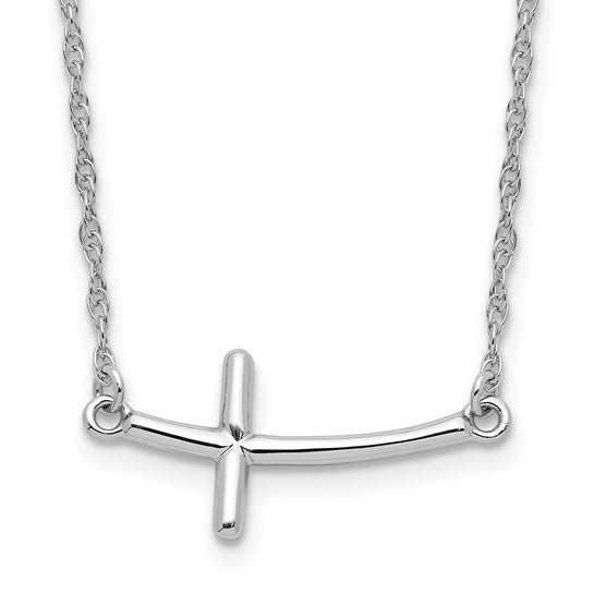 Sterling Silver Rhodium-plated Large Sideways Curved Cross Necklace 18in