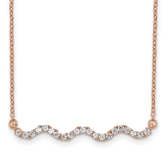 Sterling Silver Rose Gold-plated CZ 18in with 2in ext. Wavy Bar Necklace