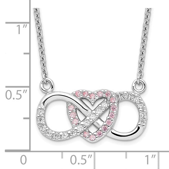 Sterling Silver Rhodium-plated with CZ Heart with Infinity Symbol Necklace 16in w/ 2 in extender and magnetic clasp