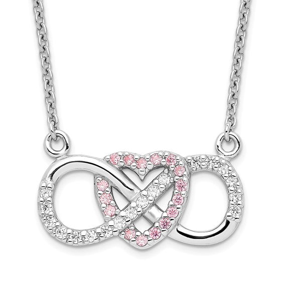 Sterling Silver Rhodium-plated with CZ Heart with Infinity Symbol Necklace 16in w/ 2 in extender and magnetic clasp