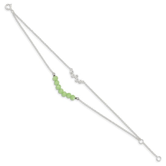 Sterling Silver CZ and Green Glass Beads 6in with 1in ext. Bracelet