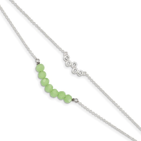 Sterling Silver CZ and Green Glass Beads 6in with 1in ext. Bracelet