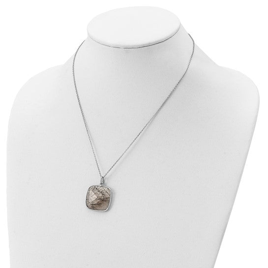 Sterling Silver Rhodium-plated Square Black Rutilated Quartz Necklace