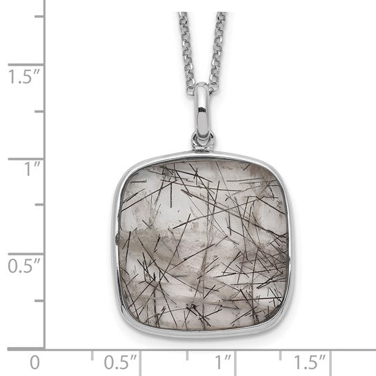 Sterling Silver Rhodium-plated Square Black Rutilated Quartz Necklace