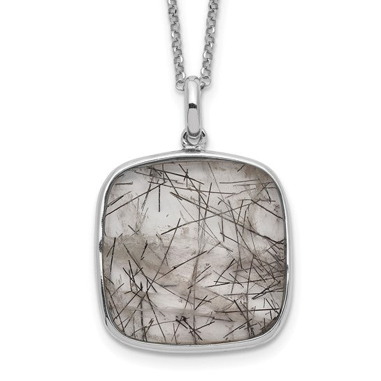 Sterling Silver Rhodium-plated Square Black Rutilated Quartz Necklace