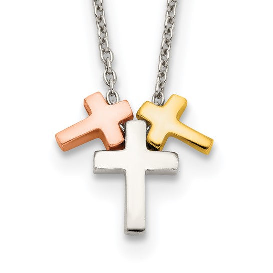 Sterling Silver Rose and Gold-tone 3-Cross with 2in ext. Necklace