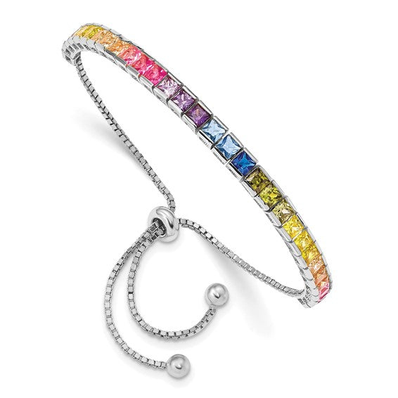 LS - Sterling Silver Rhodium-plated 4mm Channel-Set Colorful CZ Adjustable Bolo Bracelet