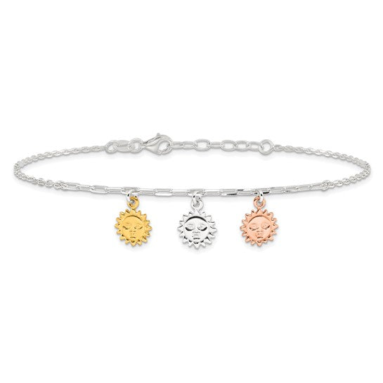 FYD - Sterling Silver Rose-tone and Gold-tone Suns 9in Plus 1in Ext. Anklet