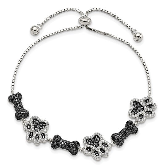 LS - Sterling Silver Rhodium-plated CZ Paw Print and Dog Bone Adj Bracelet