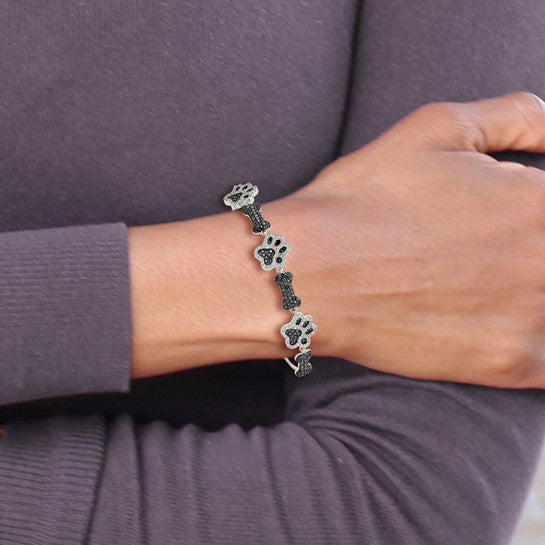 LS - Sterling Silver Rhodium-plated CZ Paw Print and Dog Bone Adj Bracelet