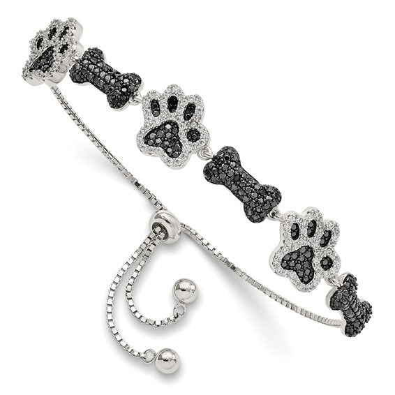 LS - Sterling Silver Rhodium-plated CZ Paw Print and Dog Bone Adj Bracelet