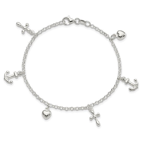 FYD - Sterling Silver Cross, Anchor, Heart Bracelet