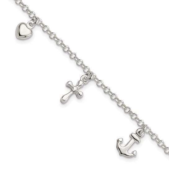 FYD - Sterling Silver Cross, Anchor, Heart Bracelet