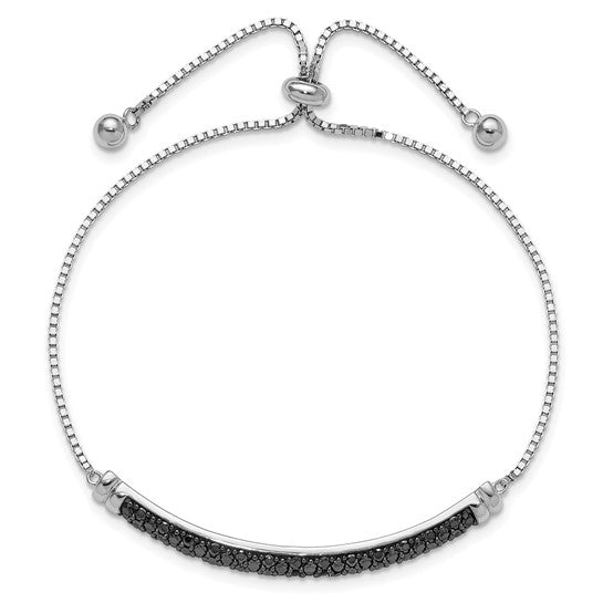 Sterling Silver Rhodium-plated Black Spinel Bar Adjustable Bracelet