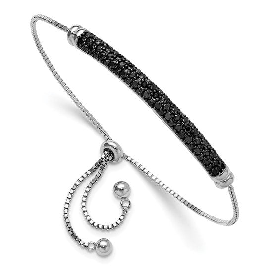 Sterling Silver Rhodium-plated Black Spinel Bar Adjustable Bracelet