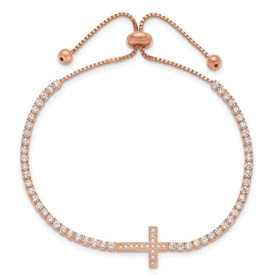 Sterling Silver Rose-tone CZ Sideways Cross Adjustable Bracelet