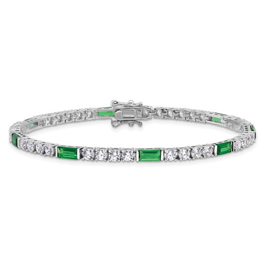 DS - Sterling Silver Rhodium-plated Green and White CZ 7.25in Tennis Bracelet