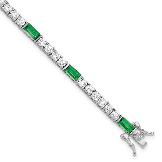 DS - Sterling Silver Rhodium-plated Green and White CZ 7.25in Tennis Bracelet