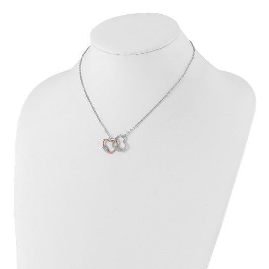 Sterling Silver Rh-plated Rose-tone Double Heart CZ with 16in w/ 2in ext Necklace