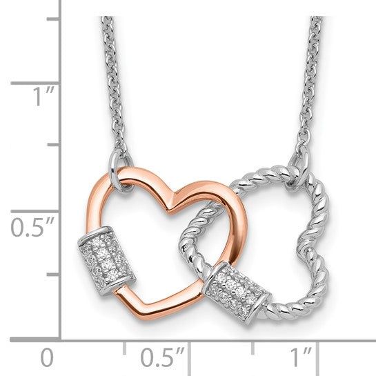 Sterling Silver Rh-plated Rose-tone Double Heart CZ with 16in w/ 2in ext Necklace