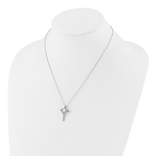 Sterling Silver RH-plated Created Opal and CZ Cross with Heart 18in Necklace