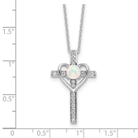 Sterling Silver RH-plated Created Opal and CZ Cross with Heart 18in Necklace