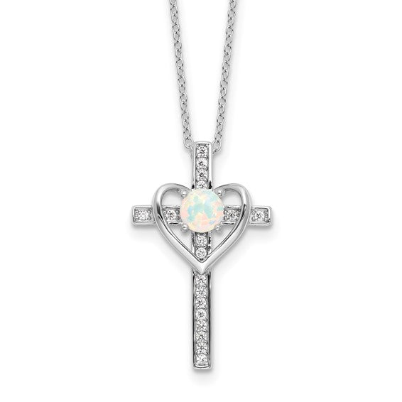 Sterling Silver RH-plated Created Opal and CZ Cross with Heart 18in Necklace