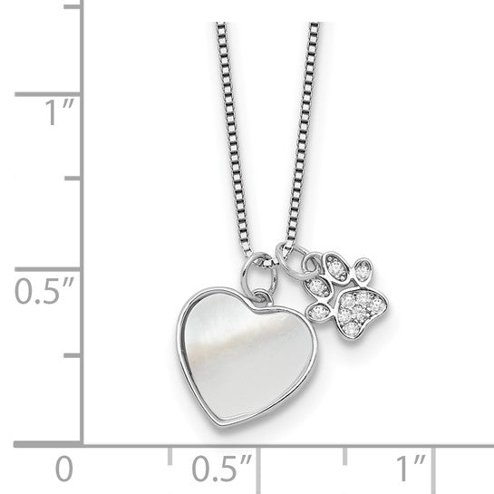 LS - Sterling Silver Rhod-plated MOP/CZ Paw with 18in with 2IN Ext Necklace, magnetic clasp