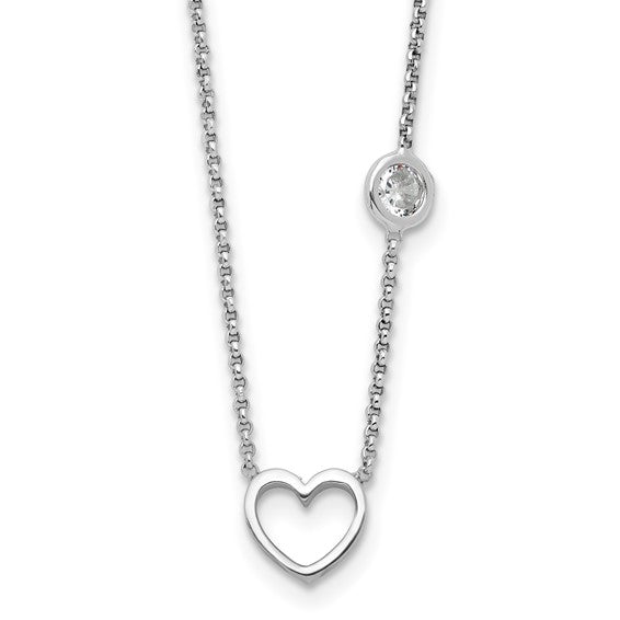 Sterling Silver Rhodium-plated CZ and Heart with 16in w/ 2in Ext. Children's Necklace