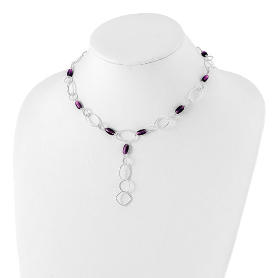 Sterling Silver Purple Crystal Fancy Link Drop Necklace 16in