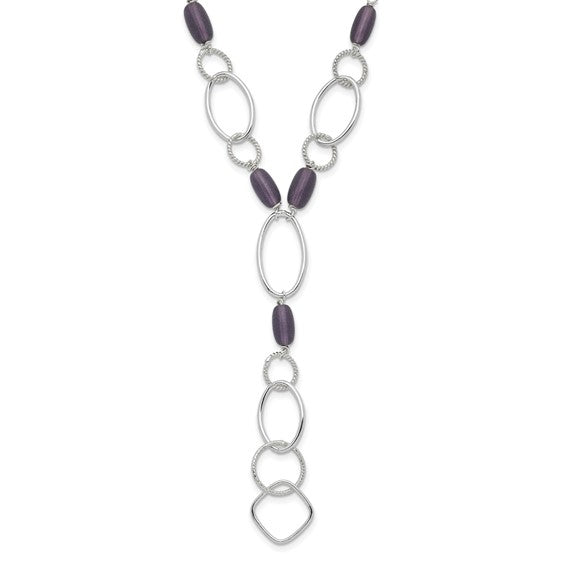 Sterling Silver Purple Crystal Fancy Link Drop Necklace 16in