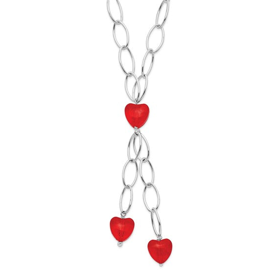 Sterling Silver Red Crystal Heart Fancy Link Necklace 16in