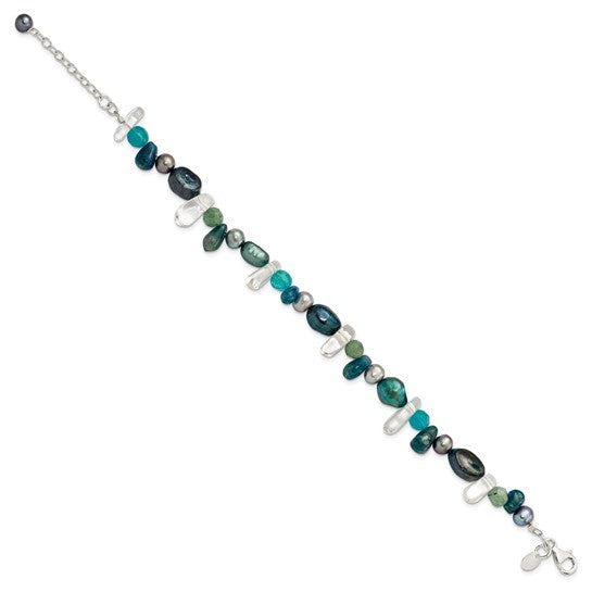 Sterling Silver Aventurine, Synthetic Blue Quartz/FWC Pearl Bracelet 7.75in w/ 1 in extender