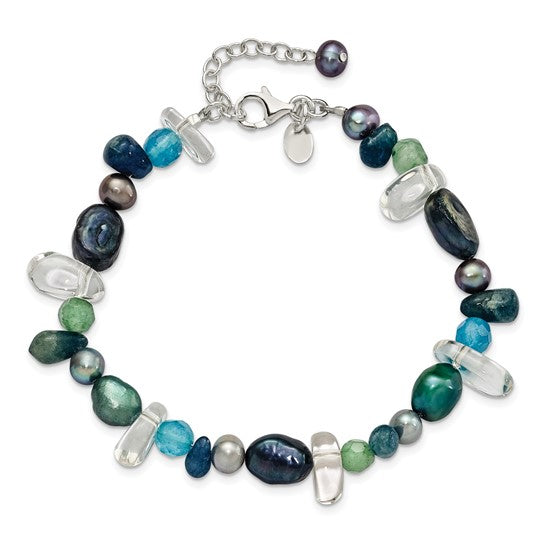 Sterling Silver Aventurine, Synthetic Blue Quartz/FWC Pearl Bracelet 7.75in w/ 1 in extender