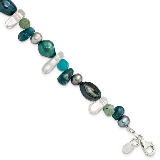 Sterling Silver Aventurine, Synthetic Blue Quartz/FWC Pearl Bracelet 7.75in w/ 1 in extender