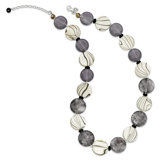 Sterling Silver Black and Grey Agate/MOP/Sardonyx 19in Necklace w 2in ext.